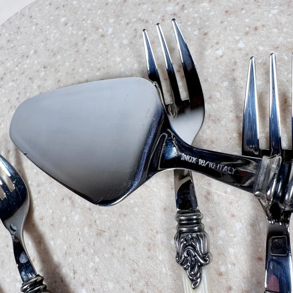 Inox 18/10 Italy Cream Faux Bone Handle Fish Serving Set‎ 6 Forks + Server